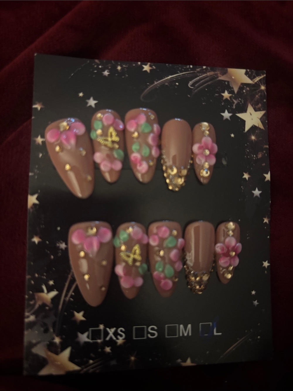 Handcrafted Pink Floral Press-On Nails in Brown